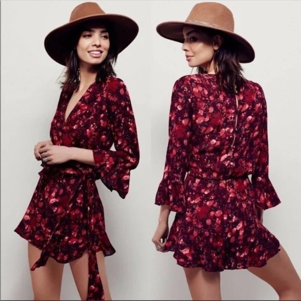 Free People Berry Wine Floral All the Right Ruffles Romper Size XS